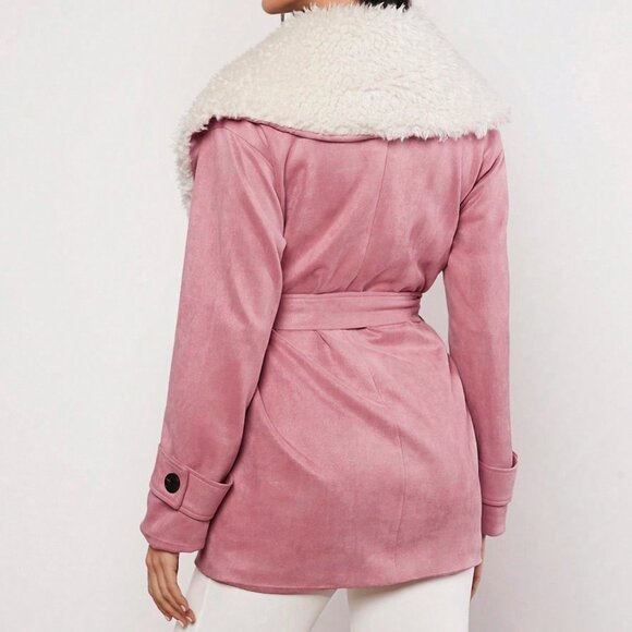 Casual Faux fur Borg Collar Belted Coat Pink - Picture 6 of 7